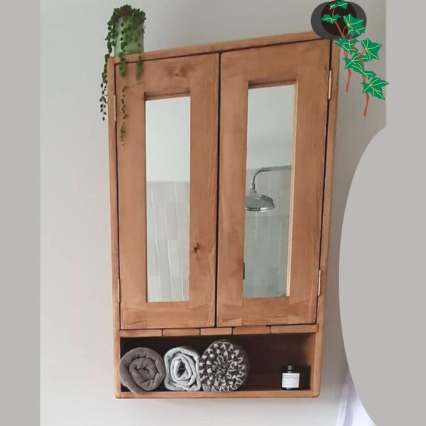 Open shelved mirror cabinet, custom handmade in Somerset UK from natural, sustainable wood. Modern rustic wooden bathroom cabinet with open shelf.