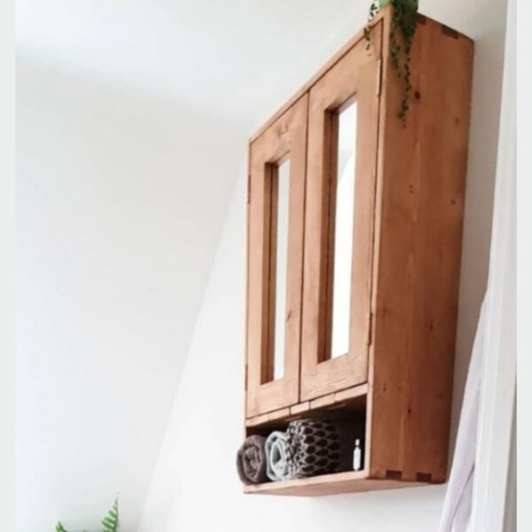 Open shelved mirror cabinet, custom handmade in Somerset UK from natural, sustainable wood. Rustic wooden bathroom cabinet with open towel shelf.