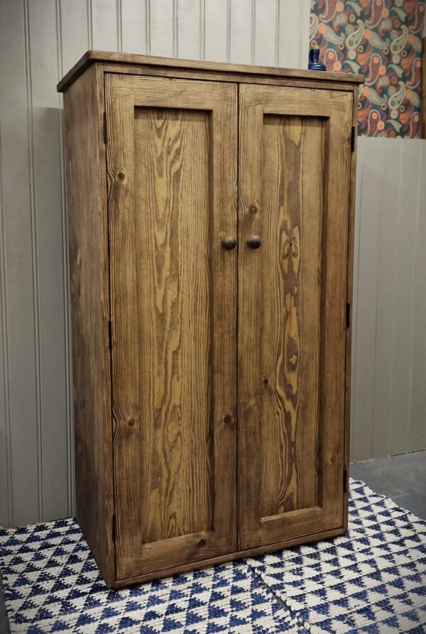 Large rustic larder cupboard, wooden floor standing cabinet, sustainable dark wooden kitchen storage in Somerset UK