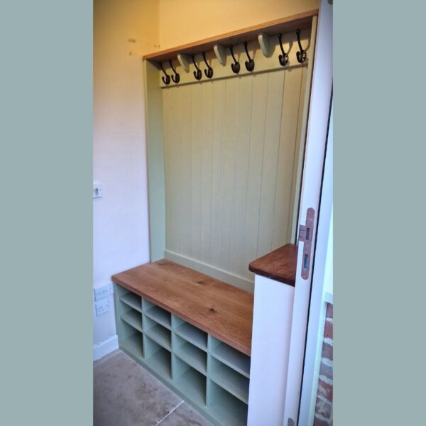 Rustic boot-room storage bench with wooden Oak top, large Farrow and Ball painted cubby storage shelves, bespoke sizes, built in Somerset UK