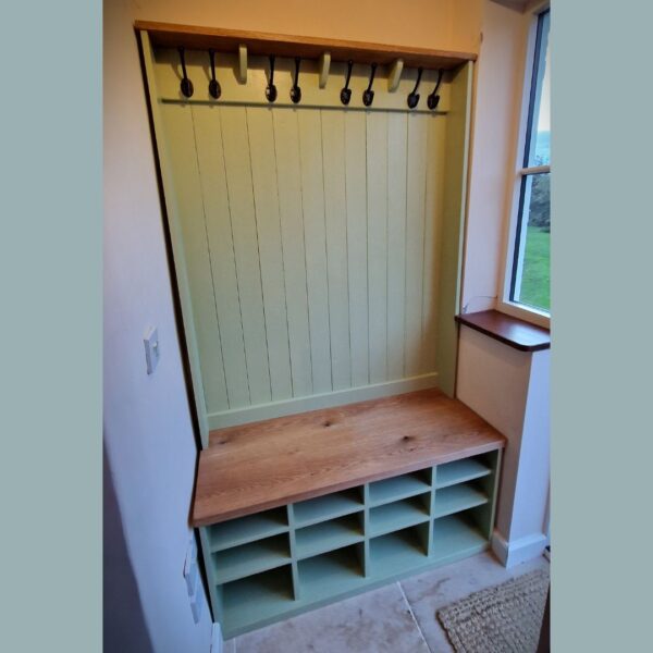 Rustic boot-room storage bench with wooden Oak top, large painted cubby storage shelves, designed and built in Somerset UK