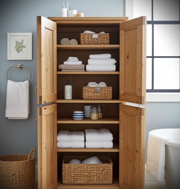 Large armoire linen cabinet, tall rustic wooden bathroom storage cupboard, custom handmade in Somerset UK -edited_1