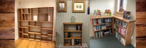 Bookcases and shelving in natural wood, modern rustic tall bookshelf with doors and chunky wooden step back bookcase handmade in Somerset UK