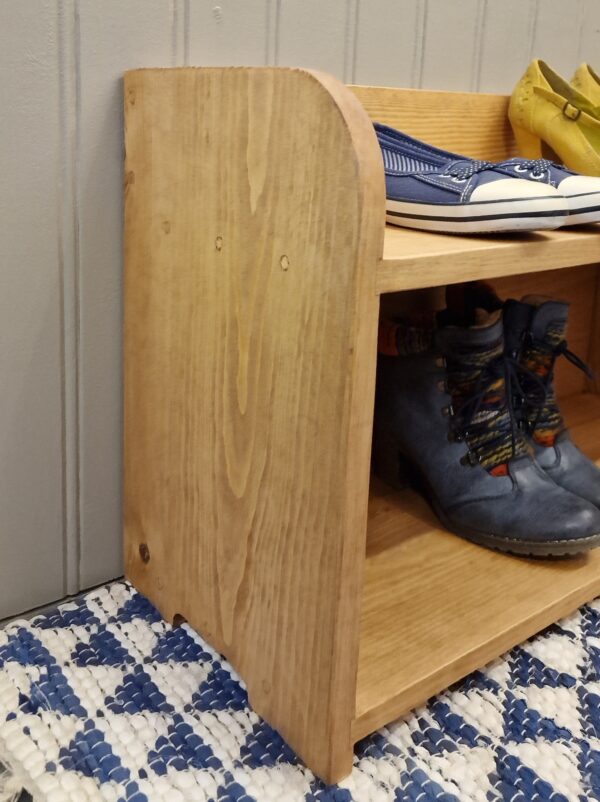 2 tier wooden shoe rack for small spaces in rustic country pine, from Somerset UK