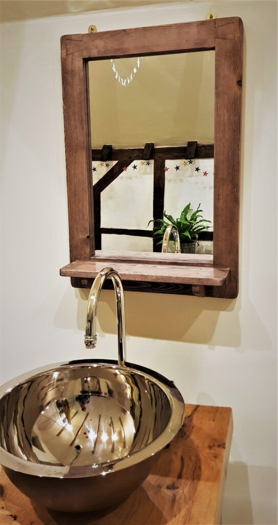 Over sink wooden bathroom mirror with shelf, modern rustic dark wood styling mirror made in Somerset UK