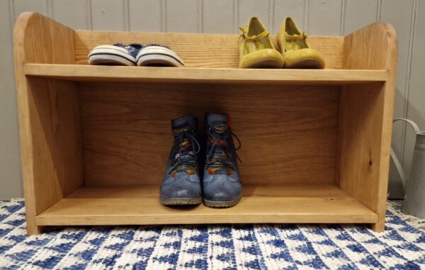 2 tier wooden shoe rack for small spaces in farmhouse rustic country pine, from Somerset UK