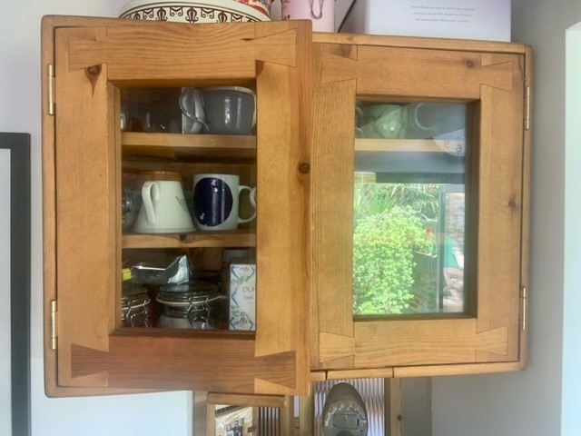 Rustic wooden glass door kitchen wall cabinet, cottage farmhouse home, custom handmade in Somerset UK