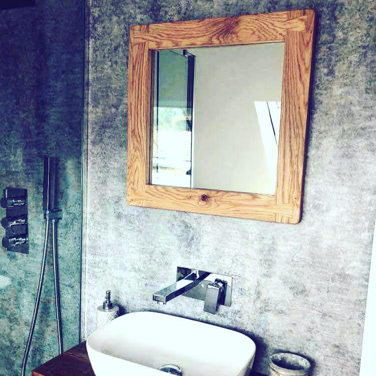 Oak frame bathroom mirror with a chunky deep frame, custom made in Somerset UK