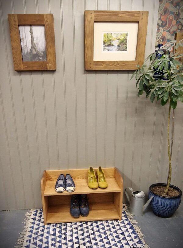 2 tier wooden shoe rack, cottage home decor in rustic country pine, from Somerset UK