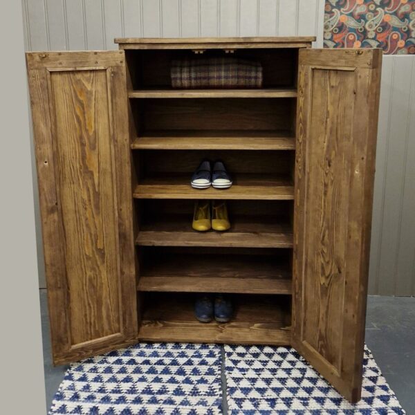 Rustic shoe storage cabinet in dark wood with chunky double wooden doors, cottage shoe shelves custom handmade in Somerset UK