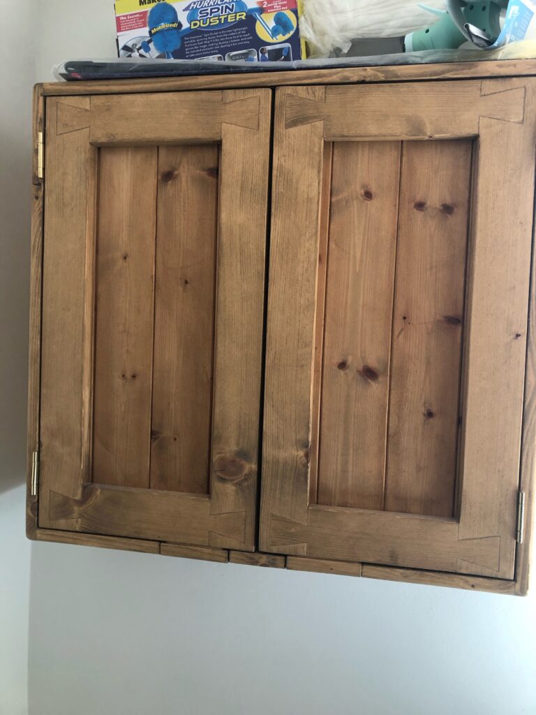 Rustic wooden double door kitchen wall cabinet, cottage farmhouse home, custom handmade in Somerset UK