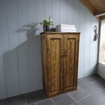 Double linen storage cabinet, tall bathroom cupboard custom handmade in Somerset UK from rustic dark natural wood -edited_1