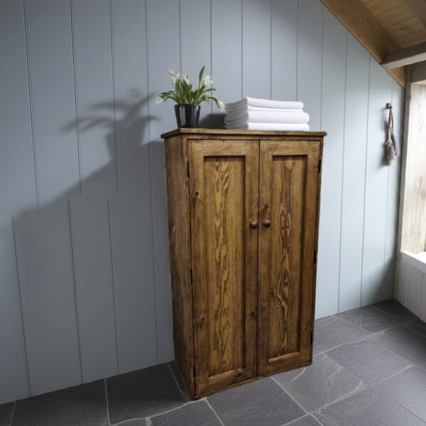 Double linen storage cabinet, tall bathroom cupboard custom handmade in Somerset UK from rustic dark natural wood -edited_1