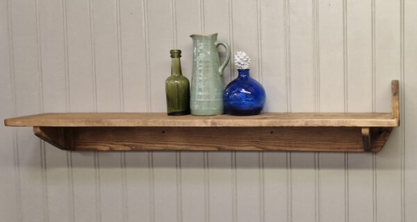 Rustic wooden bookend shelf, wide display shelf with wood brackets & bookend handmade in Somerset UK
