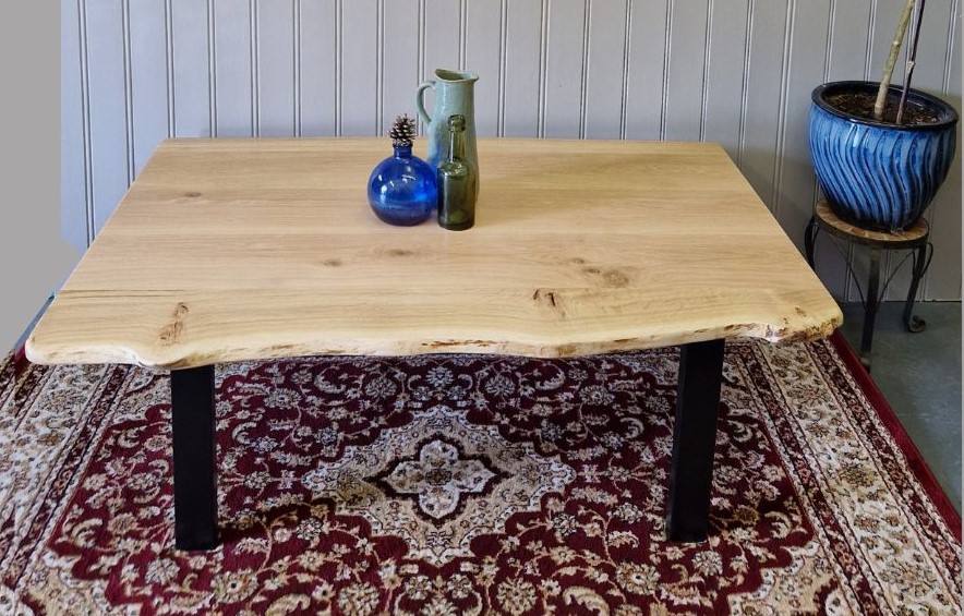 Live edge coffee table, modern rustic natural wooden low side table with industrial metal legs, custom handmade in Somerset UK