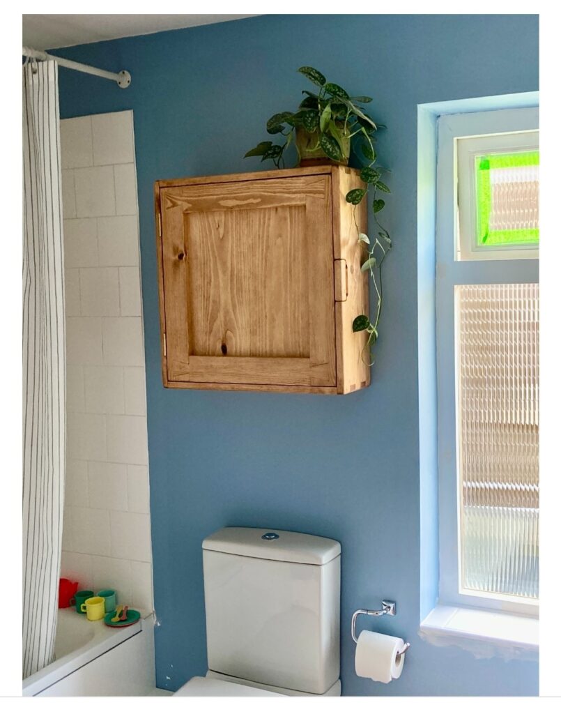 Natural wood bathroom cabinet, large towel cupboard in rustic minimalist style handmade in Somerset UK