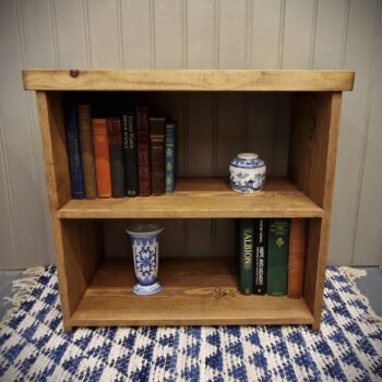 Small dark wooden bookshelf and low rustic bookcase in chunky wood, cottage farmhouse shelving custom handmade in Somerset UK