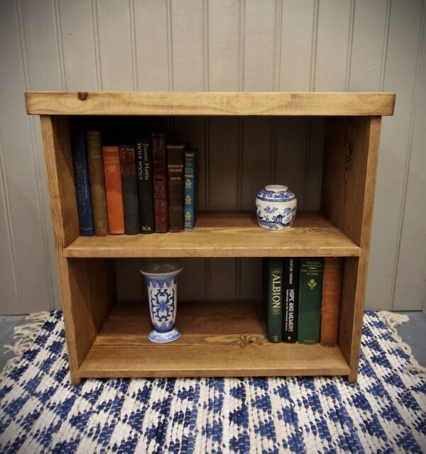 Small dark wooden bookshelf and low rustic bookcase in chunky wood, cottage farmhouse shelving custom handmade in Somerset UK