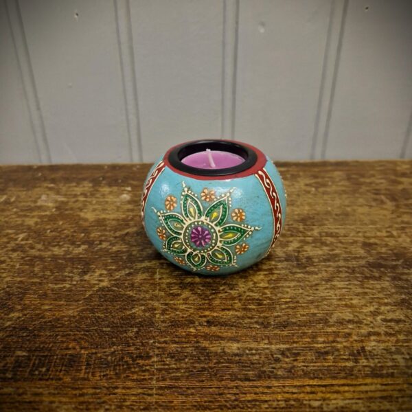 Boho tea-light holder, purple, blue. Bright painted rustic wooden candle holder, wood gifts from UK