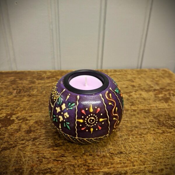 Boho tea-light holder, purple , hand painted colourful wooden candle holder from UK