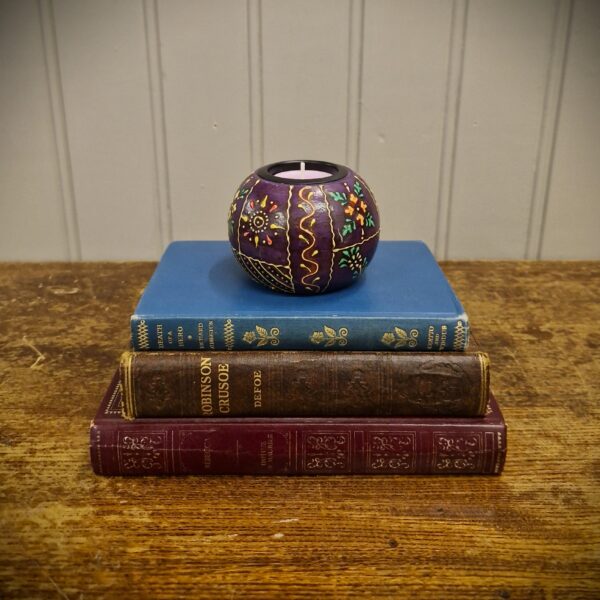 Boho tea-light holder, purple. Bright, colourful round wooden candle holder from UK