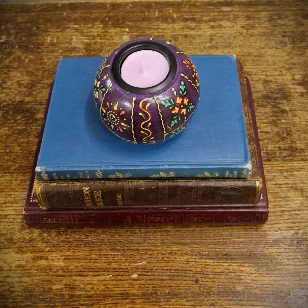 Boho tea-light holder, purple. Bright painted wooden globe candle holder from UK
