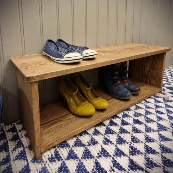 Small rustic shoe rack and chunky wooden shoe shelf, hallway storage furniture from Somerset UK