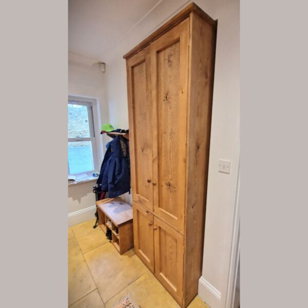 Rustic wooden hallway cupboard, extra tall farmhouse cottage coat and shoe cupboard with mirror and hooks, handmade in Somerset UK