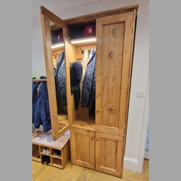 Rustic wooden hallway cupboard, farmhouse cottage cupboard with interior mirror doors, coat hooks and shoe shelves, handmade in Somerset UK