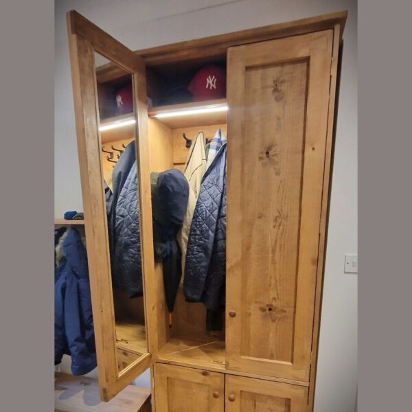 Rustic wooden hallway cupboard, farmhouse cottage shoe cupboard with interior mirror doors and coat hooks, handmade in Somerset UK