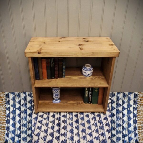Small dark wooden bookshelf and modern rustic bookcase with a chunky overhang top, custom handmade in Somerset UK