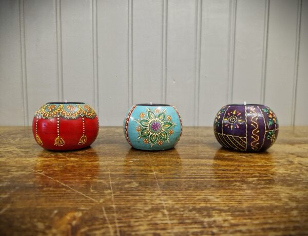 Boho tea-light holder, purple, blue, red. Bright multicoloured painted rustic wooden candle holder, wood gifts from UK