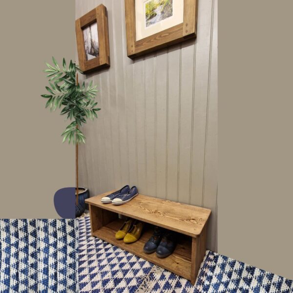 Small rustic shoe rack and chunky wooden single tier shoe shelf, constructed using traditional joinery techniques in Somerset UK