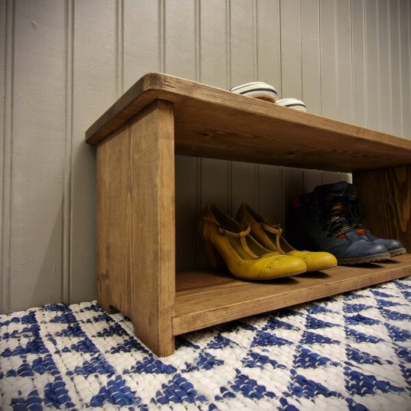 Small rustic shoe rack and wooden 1 tier shoe shelf, country cottage hallway furniture from Somerset UK
