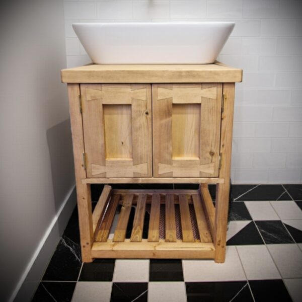 Rustic sink cabinet with slatted shelf, single wooden bathroom vanity handmade in Somerset UK from natural wood -edited_2