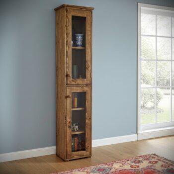 Narrow wooden display cabinet, tall rustic curio bookcase with glass doors, handmade in Somerset UK from natural wood -edited_1