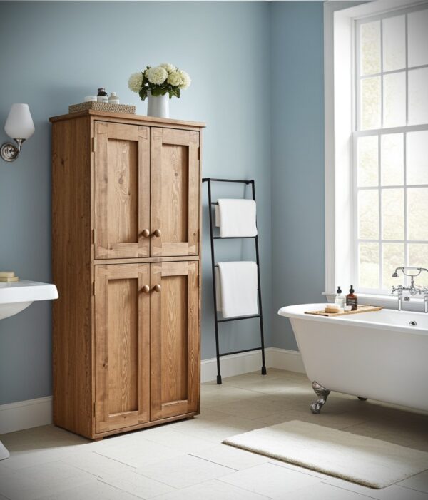 Dark wood linen cabinet, tall rustic cottage bathroom cupboard, custom handmade in Somerset UK -edited_1