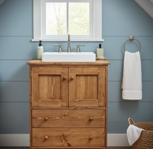 Rustic wooden sink stand, large bathroom vanity with drawers in chunky dark wood, custom handmade in Somerset UK -edited_1