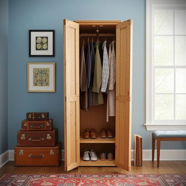 Slim wooden wardrobe, tall rustic wardrobe for bedroom clothing storage, custom handmade in Somerset UK -edited_1