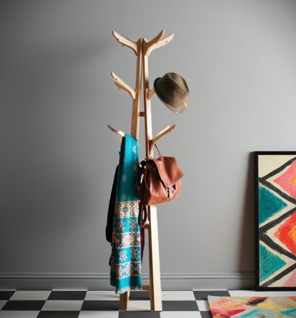 Modern wooden hat stand with 12 coat hooks, handmade in Somerset UK from natural wood -edited_2