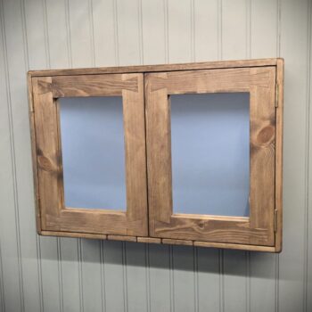 Large dark wood mirror cabinet, wide bathroom wall cabinet with double mirror doors and integrated handles from Somerset UK
