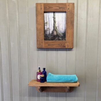 Dark wood bathroom shelf, storage shelves with chunky wedge brackets, custom made in Somerset UK