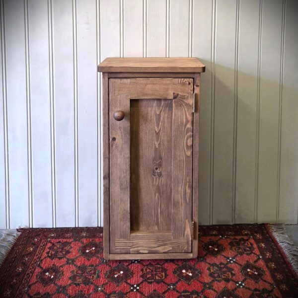 Slim wooden bathroom cupboard, floor standing storage cabinet in dark wood, made in UK