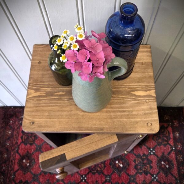Slim wooden bathroom cupboard, chunky dark wood floor standing cabinet, made in UK