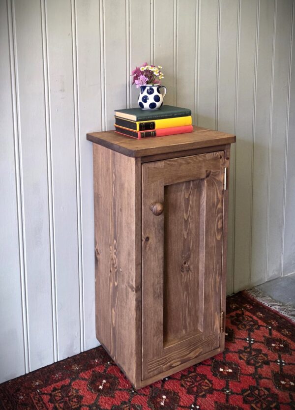 Slim wooden bathroom cupboard and dark wood tall bedside cabinet, from Somerset UK