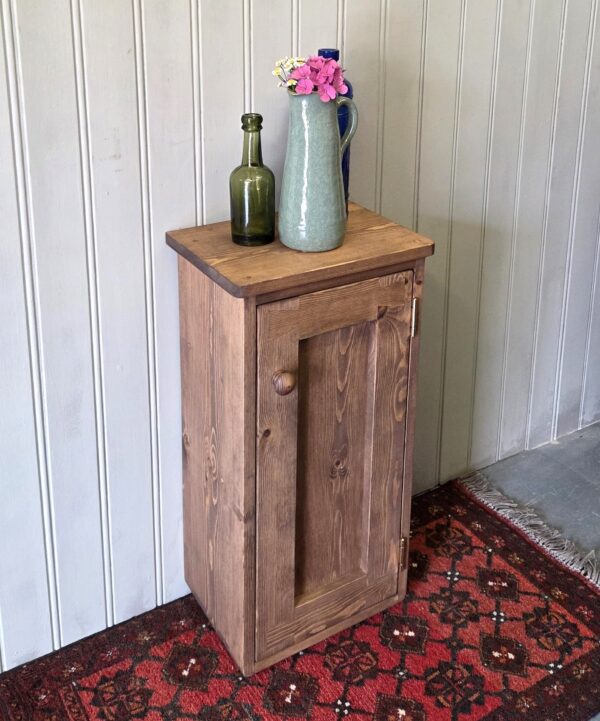 Slim wooden bathroom cupboard and floor standing towel cabinet, designed and handmade in Somerset UK